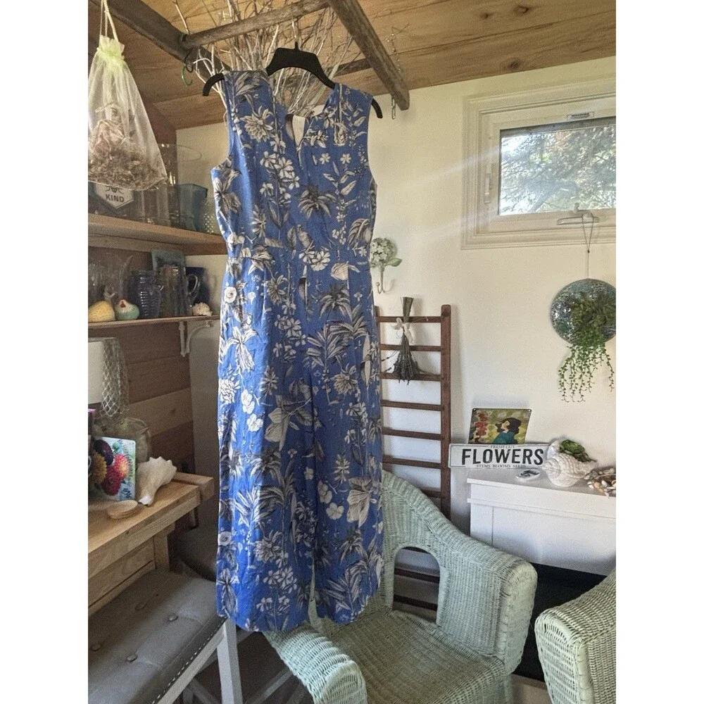 J crew Tropical Blue Linen Romper Cross Back Rainforest Birds 10 100% linen
